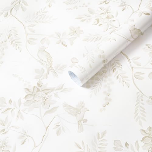 17.3''x197'' Vintage Peel and Stick Wallpaper Boho Beige Neutral Contact Paper White Floral Bird Wallpaper Removable Botanical Renter Friendly Modern Wall Paper Bedroom Bathroom Vinyl Roll - color: Beige Floral&Bird, size: 17.3" x 197"