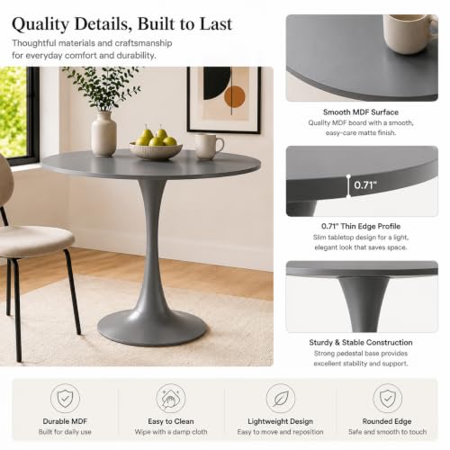31.5" Grey Round Dining Table, Tulip Pedestal Dining Table for 2-4 | Small Space Dining Table with Grey MDF Round Top, Tulip Pedestal Base, Seats 2-4 for Apartments and Breakfast Nooks - color: Grey