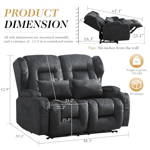 Loveseat Recliner Sofa,RV Wall Hugger Recliners for Small Spaces,Reclining Loveseat Sofa Recliner with Cup Holders/Lumbar Pillows,RV Furniture (Gray,56" 2-Seater) - color: Grey, size: 56" 2-Seater