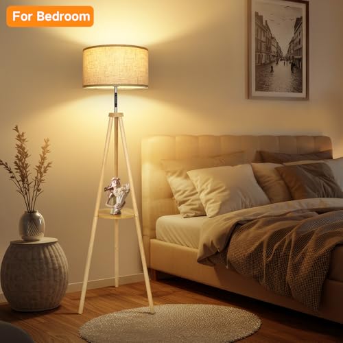 OUTON Wood Tripod Floor Lamp with Shelves, Mid Century LED Modern Dimmable Floor Lamp with Remote Control, Sturdy Tall Standing Lamp with Beige Lamp Shade for Living Room, Bedroom, Office - color: Wood & Touch Control