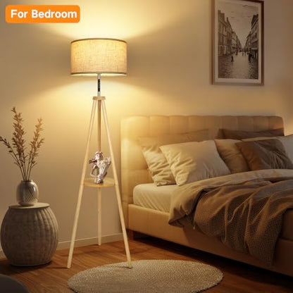 OUTON Wood Tripod Floor Lamp with Shelves, Mid Century LED Modern Dimmable Floor Lamp with Remote Control, Sturdy Tall Standing Lamp with Beige Lamp Shade for Living Room, Bedroom, Office - color: Wood & Touch Control