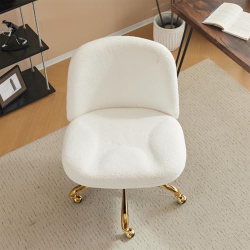 VINGLI Wide Criss Cross Legged Office Chair,Buttprint Ergonomic Desk Chair Comfy with Pillow&Gold Base,Dual-Use with/no Wheels,Adjustable Vanity Swivel Chair for Bedroom,Home Office,Teddy Fleece,White - color: Cherished White