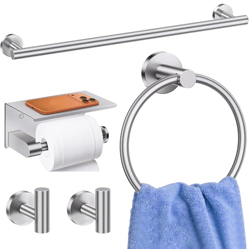 5 Pieces Bathroom Hardware Accessories Set Brushed Nickel, 24Inch Round Towel Racks Set for Bathroom, SUS304 Stainless Steel Towel Bar Set,Toilet Paper Holder with Shelf Wall Mounted - color: Brushed Nickel, size: 5 Pieces 24" A