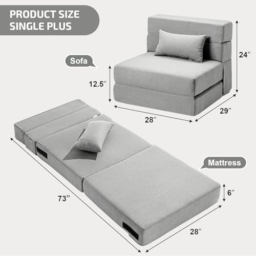 SUYOLS Folding Sofa Bed with Pillow- Convertible Chair Floor Couch & Sleeping Mattress, Foldable Memory Foam Sleeper for Living Room/Dorm/Guest Room/Home Office/Apartment/Loft, Single28, Light Gray - color: Light Gray, size: Single(28" Width)