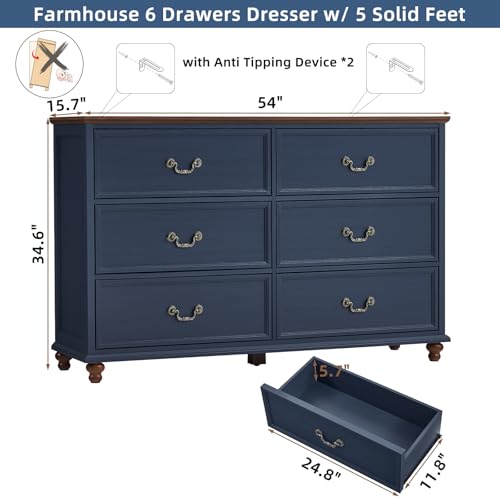 Joaxswe Farmhouse 6 Drawers Dresser for Bedroom, Vintage 54" Wide Chest of Drawers w/ 4 Wooden Legs, Rustic Large Closet Storage Dressers Organizer for Hallway, Wood TV Stand for Living Room, Blue - color: Navy Blue, size: 15.7"D x 54"W x 34.6"H (6 Drawer