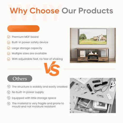 DUMOS 47" TV Stand with Fabric Drawers for 50 55 Inches TV | Entertainment Center and Industrial TV Console Table with Open Storage Shelves for Living Room, Bedroom, Rustic Brown - size: 15.8"D x 47.2"W x 21.7"H