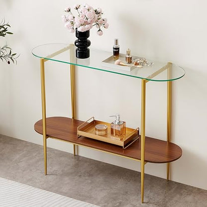 LumFurn Oval Glass Console Table for Living Room, Foyer & Entrance, 2-Tiers Mid-Century Modern Sofa Table with Clear Glass Top, Walnut Finish Wood Shelf and Gold Finish Frame - color: Oval L40.9" Clear & Walnut