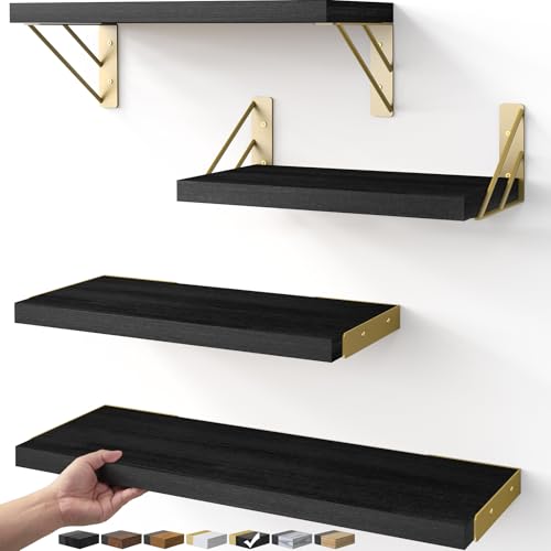 BAYKA Floating Shelves for Bedroom Decor, Wall Shelves for Storage, Wall Mounted Rustic Wood Floating Shelf for Books,Corner Shelf for Bathroom,Kitchen,Living Room(Black and Gold，Set of 4) - color: G. Black Board & Gold Brackets, size: 16-inch