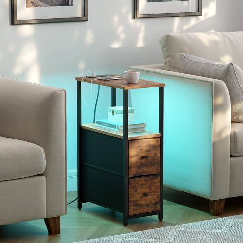 TUTOTAK Narrow LED End Table with Charging Station, Skinny Side Table | Bedside Table with Outlets, Nightstand with 2 Cloth Drawers, Couch Table for Living Room, Bedroom, Brown TB01BB056 - color: Brown, style: 2 Drawers with Plug & Light