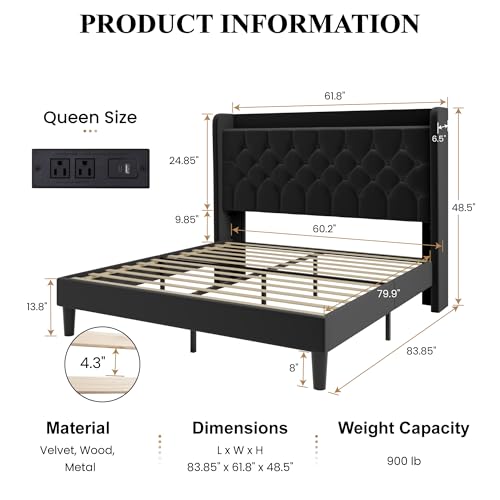 SHA CERLIN Queen Size Platform Bed Frame with Charging Station, Velvet Wingback Headboard with Storage Shelf, Wooden Slats Support, Ample Under-Bed Space, No Box Spring Needed, Easy Assembly, Black - color: Black, size: Queen