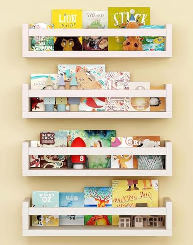 Onlysky Set of 4 Wall-Mounted Kid's Bookshelf - White Floating Nursery Book Shelves - Durable Wood Construction - Ideal for Nursery Decor, Kids Room, Toy Storage - color: White, size: 16.5 Inches