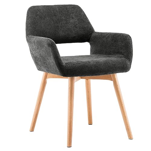 Desk Chair No Wheels Vanity Chair Comfy Accent Chair for Living Dining Room Bedroom Home Office Mid Century Modern Upholstered Armchair with Wood Legs (Charcoal, 1) - color: Charcoal