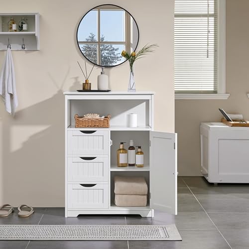 Yaheetech Large Freestanding Bathroom Storage Cabinet with 3 Drawers, White | Wooden Floor Cabinet Organizer for Towels, Linens and Cleaning Supplies, Beadboard Fronts, Open Cubby, Adjustable MDF Shelf - color: White, size: 14"D x 26"W x 35.5"H