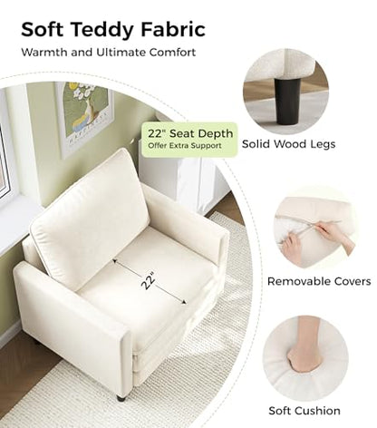 Welzona 3-Layers Cloud Accent Chair, 33" Reading Chair, Teddy Arm Chairs | Comfy Teddy Fabric, Washable Covers, Tool-Free Setup, All-wood Couch Chair for Living Room, Bedroom, Reading Nook, Beige - color: Beige, size: cloud chair