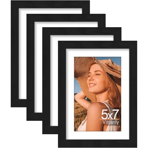 Vittanly 5x7 Picture Frames Set of 4, for Wall or Tabletop Display, Black | Display Pictures 4x6 with Mat or 5x7 without Mat, Engineered Wood with Shatter Resistant Plexiglass, Small Photo Frames - color: Black, size: 5x7