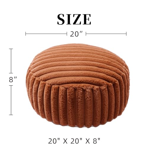 Round Unstuffed Ottoman Cover Pouf Foot Rest, Caramel | Cover Only, 20x20x8 In, Soft Short Plush, Ribbed Texture, Modern Style, Living Room, Bedroom, Reading Nook - color: Caramel