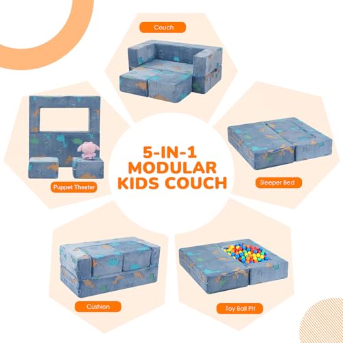 MeMoreCool Glow Modular Kids Couch, Dinosaur | modular foam seating, removable washable cover, dinosaur glow design, lightweight pieces, playroom furniture - color: Denim Dinosaur