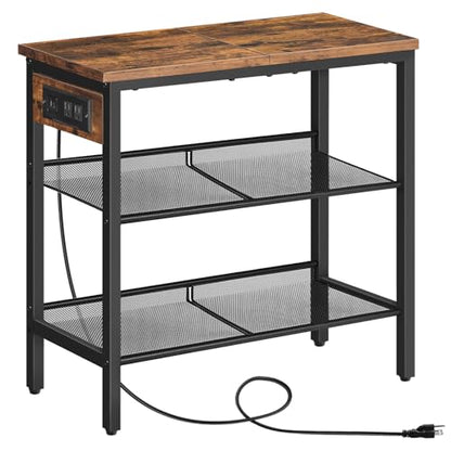 HOOBRO End Table, 3-Tier Narrow Side Table with Charging Station, Nightstand with 2 Flat or Slant Adjustable Shelves for Small Spaces, Living Room, Bedroom, Rustic Brown and Black BF23UBZ01G1 - color: Rustic Brown + Black