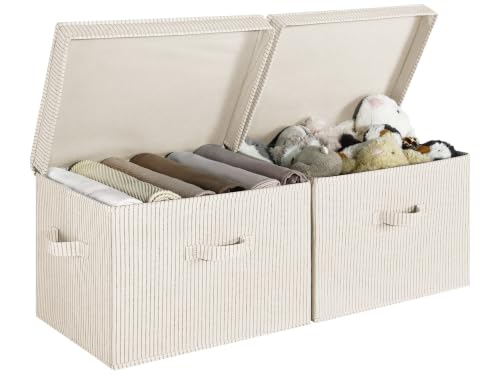 StorageWorks Fabric Storage Bins with Lid, Decorative Storage Boxes for Shelves, Stackable Closet Organizer Basket with Handles, Jumbo, Khaki and Beige Stripes, 2-Pack | Flip-Top Lid, 3 Handles, Collapsible, Stackable, for Clothes Blankets, Multi-Purpose,