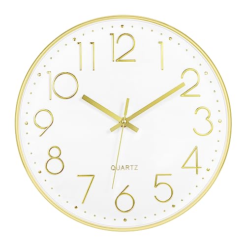Foxtop Large 14" Wall Clock Silent Battery Operated Analog Clock, Gold | Non-Ticking, Round, Quartz, Easy to Read, Living Room, Bedroom, Kitchen, Office - color: Gold, size: 14 Inch Quartz