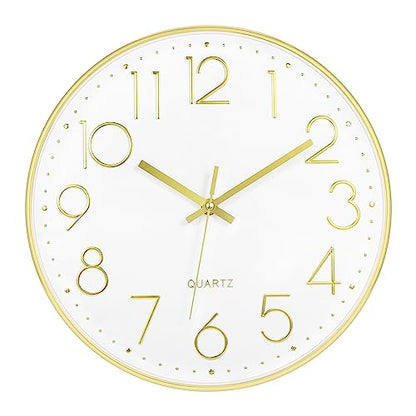 Foxtop Large 14" Wall Clock Silent Battery Operated Analog Clock, Gold | Non-Ticking, Round, Quartz, Easy to Read, Living Room, Bedroom, Kitchen, Office - color: Gold, size: 14 Inch Quartz
