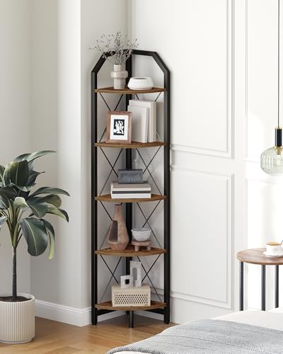 59.4" Corner Shelf, 5-Tier Industrial Corner Bookshelf, Corner Storage Stand, Plant Stand Display Shelf, Bookcase for Bedroom, Living Room, Home Office, Rustic Brown and Black TCJ10BF - color: Rustic Brown and Black, size: 5-Tier