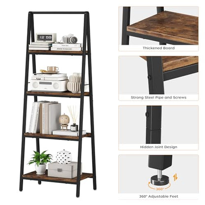 Homeiju Ladder Shelf, 4-Tier Leaning Ladder Bookshelf, Rustic and Wood Ladder Shelf Bookcase, Industrial Ladder Shelf Storage Rack for Home Office, Bedroom, Bathroom or Kitchen