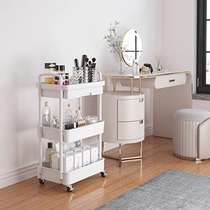 Calmootey 3-Tier Rolling Utility Cart with Drawer,Multifunctional Storage Organizer with Plastic Shelf & Metal Wheels,Storage Cart for Kitchen,Bathroom,Living Room,Office,White | Space-Saving Organizer, Sturdy Plastic Shelves, Smooth-Rolling Metal Wheels,