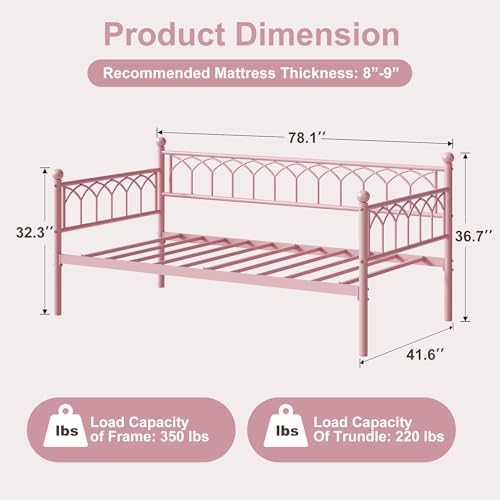 IDEALHOUSE Twin Size Daybed, Sofa Bed Frame with Metal Steel Slat Support, Heavy Duty Metal Bed Frame, Space Saving, Easy Assembly, for Small Spaces, Living Room, Bedroom, Apartment, Pink | Space-Saving Guest Bed - Slides Under Daybeds for Overnight Visit