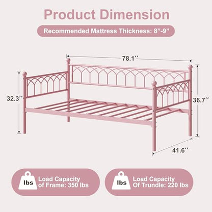 IDEALHOUSE Twin Size Daybed, Sofa Bed Frame with Metal Steel Slat Support, Heavy Duty Metal Bed Frame, Space Saving, Easy Assembly, for Small Spaces, Living Room, Bedroom, Apartment, Pink | Space-Saving Guest Bed - Slides Under Daybeds for Overnight Visit