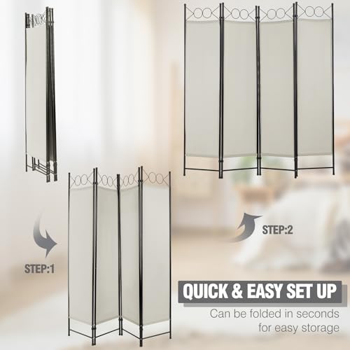 4 Panel Room Divider 6FT Steel Frame Screen Folding Privacy Divider Freestanding Partition for Home Office Bedroom (Beige) - color: Beige