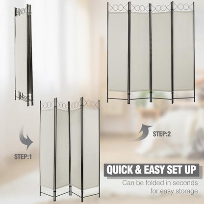 4 Panel Room Divider 6FT Steel Frame Screen Folding Privacy Divider Freestanding Partition for Home Office Bedroom (Beige) - color: Beige