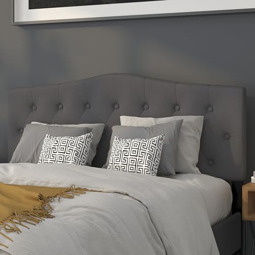 EMMA + OLIVER Arched Button Tufted Queen Size Headboard in Dark Gray Fabric - color: Dark Gray, size: Queen