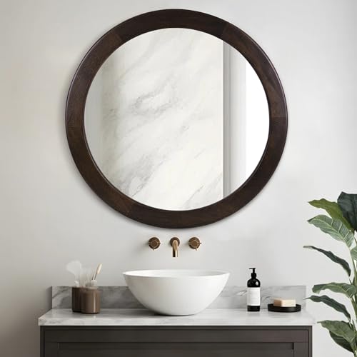 CULER Round Mirror 30 Inch for Bathroom, Dark Walnut Brown, Wood Frame | Rustic, Wooden, Circle, For Bedroom Living Room Or Entryway - color: Dark Brown, size: 30"L x 30"W