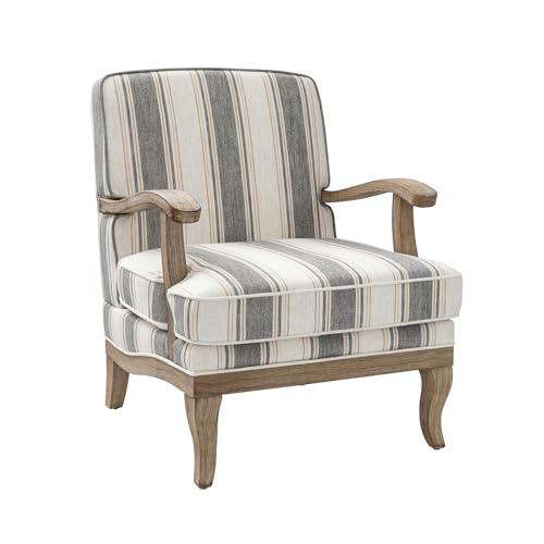 HULALA HOME Farmhouse Striped Accent Chair with Solid Wood Legs, Dark Grey | Comfy Upholstered Patterned Armchair with Curved Armrests, Removable Cushion, for Living Room Bedroom Reading - color: Dark Grey