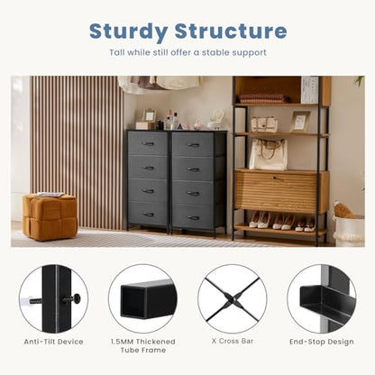 DUMOS Nightstand, Bedside Table with 4 Fabric Drawers | Night Stand with Removable Bins, Steel Frame Wood Top, Small Dresser for Bedroom Closet - color: Grey, size: 11.8"D x 17.7"W x 37.4"H (4 Drawers)