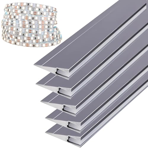 JARBIH Ultra-Thin Led Aluminum Channel, 45°Oblique Under Cabinet Beam Light | 5Pack 1M/3.3ft LED Profile System, Invisible H7mm Surface Mounted Wardrobe Layer Shelf Panel Hard Bar(Gray with Led Strip) - color: Gray with 5M LED Strip