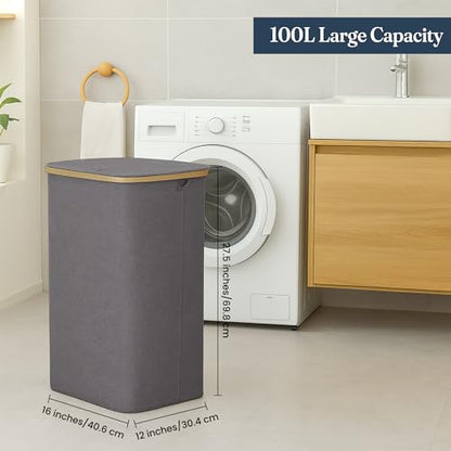 Fine Living Co.100L Large Laundry Hamper with Lid Dirty Clothes Hamper Gray | Narrow Foldable Slim Laundry Basket with Bamboo Handles, Tall Skinny Hamper for Dorm, Bathroom & Bedroom - color: Solid Gray