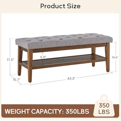 HUIMO Upholstered Entryway Shoe Bench, Button Tufted End of Bed Bench, Grey | with Solid Wood Slatted Shelf, Padded Ottoman Bench for Bedroom, Living Room, Entryway - color: Grey, style: French Country