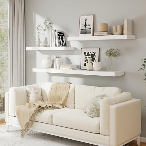 48 Inch Floating Shelves, 12'' Deep White Shelves for Wall Set of 2 | Invisible Brackets, Engineered Wood, Mounting Hardware Included, 50LBS, Bathroom, Laundry Room, Kitchen, Living Room - color: White, size: 48W x 11.6D x 2H, 2 Pack