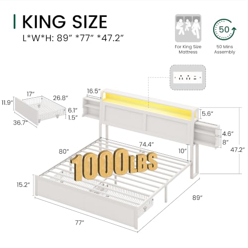 King Size Wooden Bed Frame with Storage Drawer and LED Headboard | 2-Tier Hidden Storage, White Finish, Ergonomic Headboard, Charging Station, No Box Spring Needed, Easy Assembly - color: White, size: King (U.S. Standard)