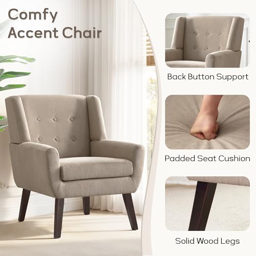 HUIMO Accent Chair for Living Room,Upholstered Button Linen Armchair Chair | Mid Century Modern Tufted Armchair with Fabric,Comfy Arm Chairs for Club Living Room Reading Bedroom,Waiting Room Khaki - color: Khaki