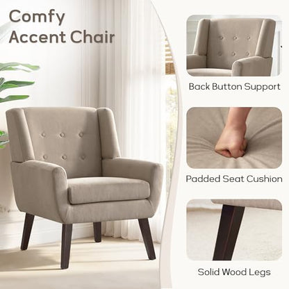 HUIMO Accent Chair for Living Room,Upholstered Button Linen Armchair Chair | Mid Century Modern Tufted Armchair with Fabric,Comfy Arm Chairs for Club Living Room Reading Bedroom,Waiting Room Khaki - color: Khaki