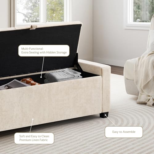 SUNWAVE Storage Ottoman Bench, Linen Fabric Ottoman with Storage | Button Tufted, Safety Hinge Lid, Large Ottoman for Bedroom, Living Room & Entryway