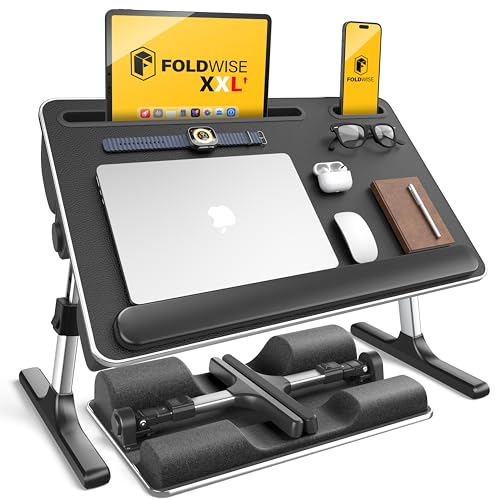 2-in-1 Bed & Lap Desk with Soft Cushion, Adjustable Height & Angle | Wrist Rest, Leather, iPad Holder & Stopper - Foldable Laptop Stand for Bed & Couch, Portable Bed Table Tray for Adults & Kids - color: Black
