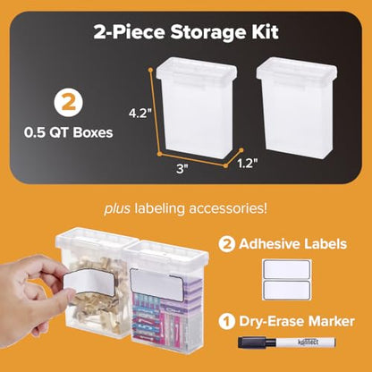 Bostitch Konnect Storage Containers with Lids, Office Organizer, Clear Plastic Box, Stackable for Crayons, Q-tips, Office Supplies, Labels, 0.5 Qt, 2 Pack - size: 0.5 Qt (2 Pack)
