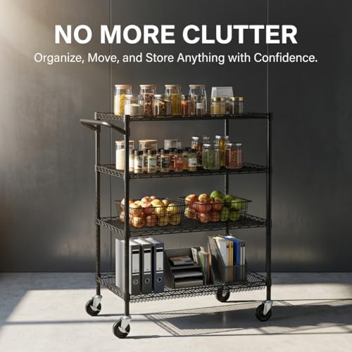 Finnhomy 4 Tier Heavy Duty Commercial Grade Rolling Cart with Handle Bar, Metal Wire Utility Cart with Wheels, Shelf Size 18" D x 30" W, NSF Listed, Black - size: 30"L x 18"W x 46.4"H-4 Tier, style: Black Cart