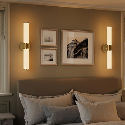Rayogale Gold Wireless Battery Operated Wall Sconces with Remote Control | White Glass Rechargeable Wall Lights Set of 2 with Timer Function Dimmable for Living Room Bedroom Emergency 3000K, 20.5 Inch - color: Gold(White Lampshades)