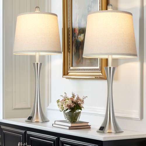 Rinweey 27.5" Silver Table Lamps Set of 2, Touch Bedside Lamps with USB C+A Ports, 3 Way Dimmable Nightstand Lamps for Bedroom, Living Room, Office, Silver Lamp with Beige Lampshade, Bulbs Included - color: Silver (2 Pack)