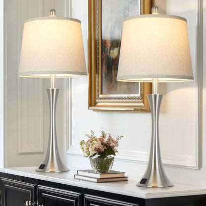 Rinweey 27.5" Silver Table Lamps Set of 2, Touch Bedside Lamps with USB C+A Ports, 3 Way Dimmable Nightstand Lamps for Bedroom, Living Room, Office, Silver Lamp with Beige Lampshade, Bulbs Included - color: Silver (2 Pack)